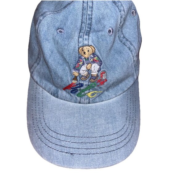Polo Ralph Lauren Light Wash Blue Denim Polo Bear Preppy Bear Baseball Cap Hat - Picture 4 of 7